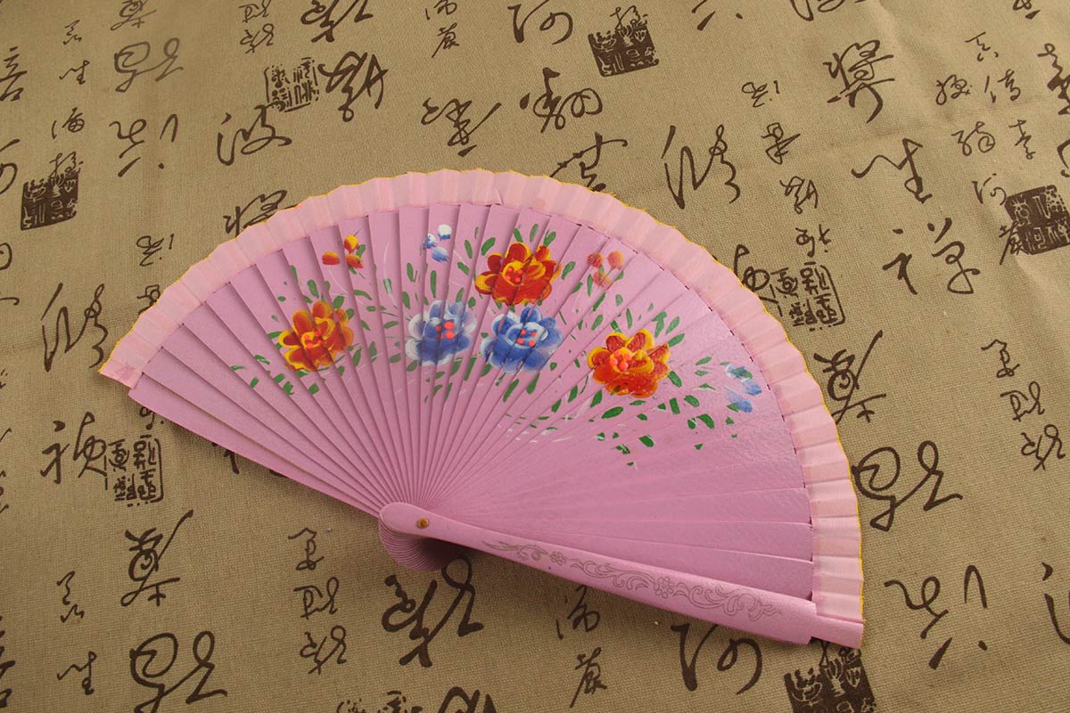Pink Hand Painted Five Chinese Flowering Crabapple Spanish Wood Fan (1)