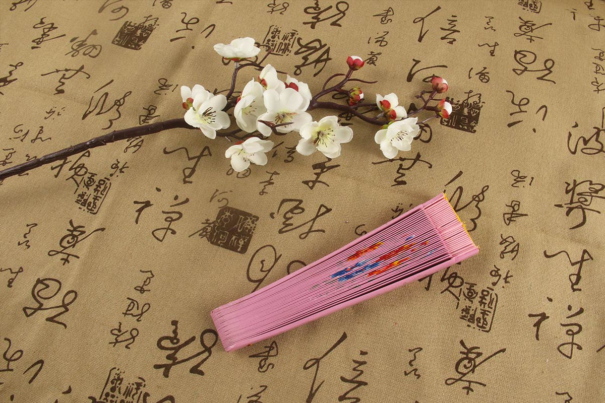 Pink Hand Painted Five Chinese Flowering Crabapple Spanish Wood Fan (2)