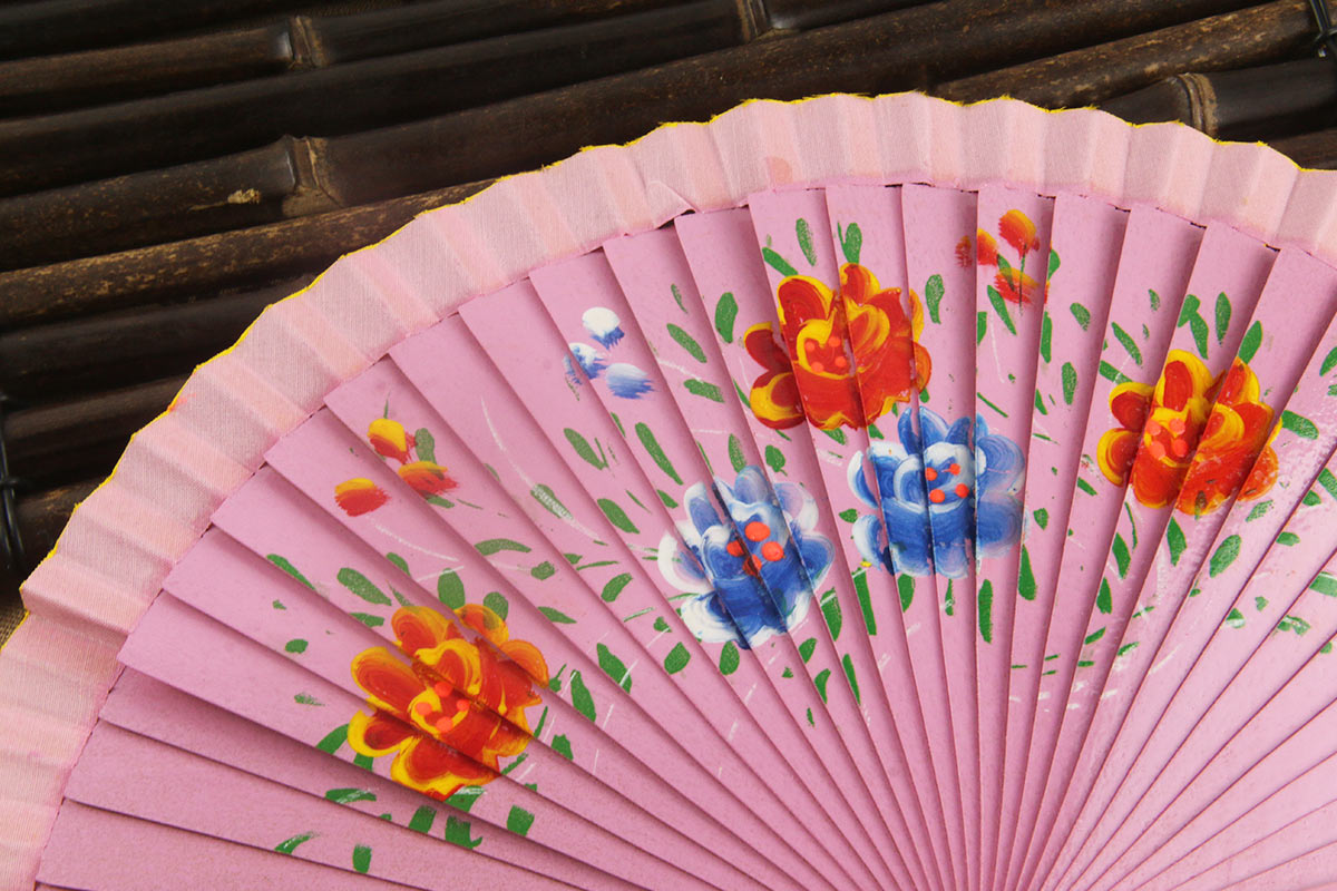 Pink Hand Painted Five Chinese Flowering Crabapple Spanish Wood Fan (4)