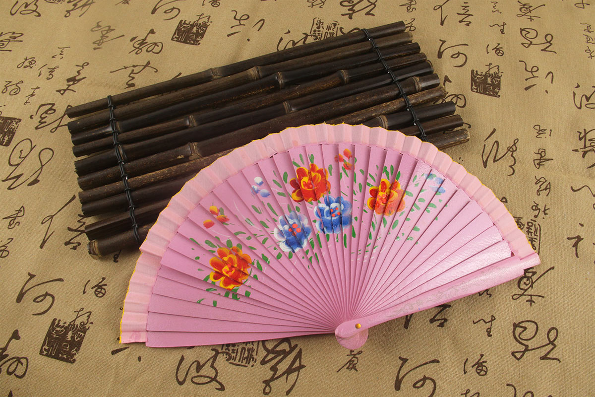 Pink Hand Painted Five Chinese Flowering Crabapple Spanish Wood Fan (5)