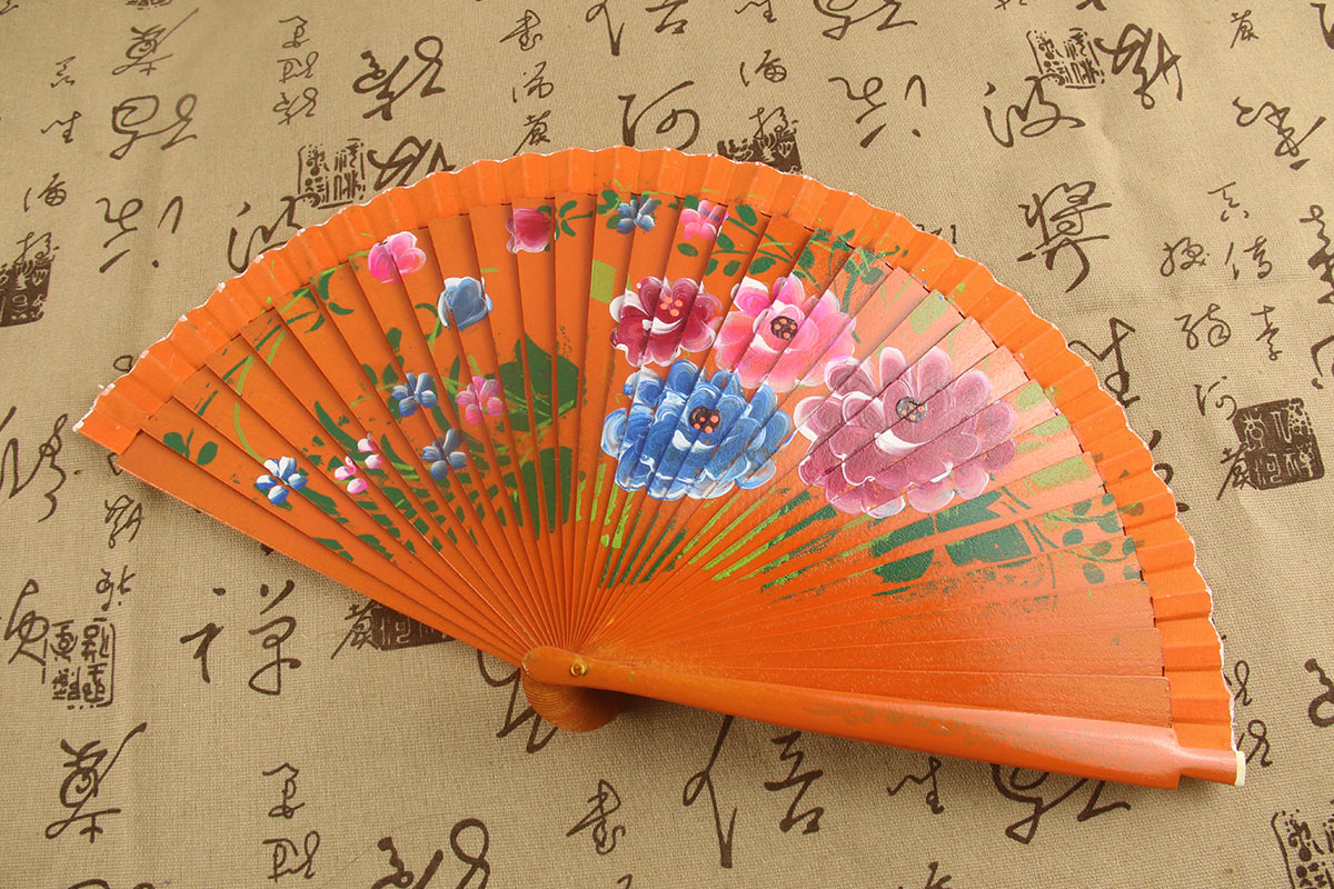 Spain Double Sided Orange Chinese Flowering Crabapple Hand Fan (1)