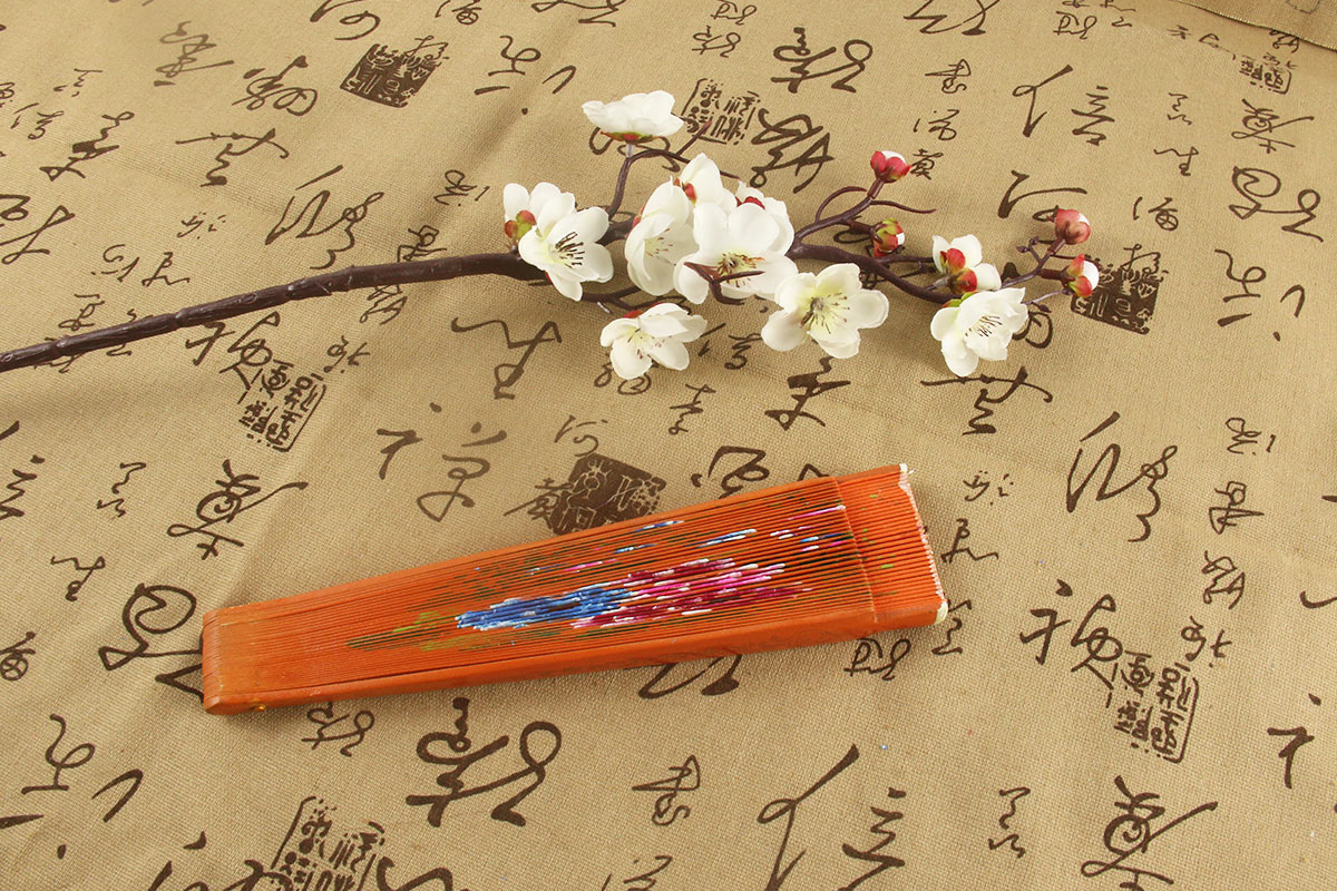 Spain Double Sided Orange Chinese Flowering Crabapple Hand Fan (2)
