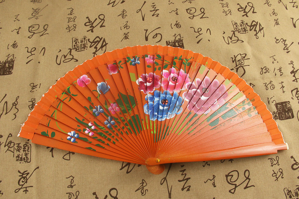 Spain Double Sided Orange Chinese Flowering Crabapple Hand Fan (3)