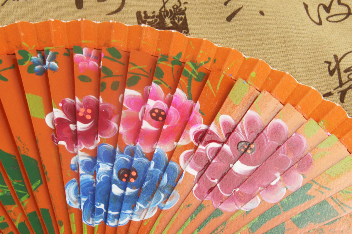 Spain Double Sided Orange Chinese Flowering Crabapple Hand Fan (4)