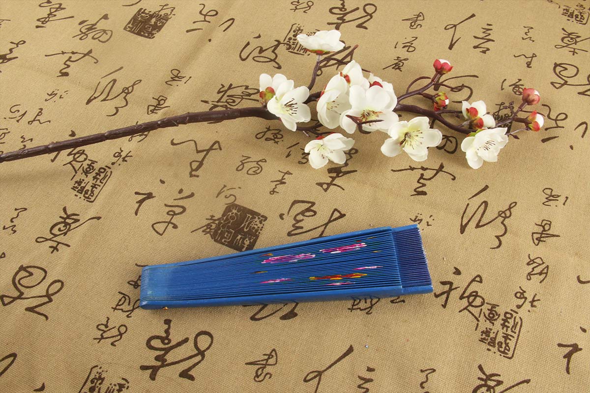 Spanish Double Sided Chinese Flowering Crabapple Navy Blue Hand Painted Fan (1)
