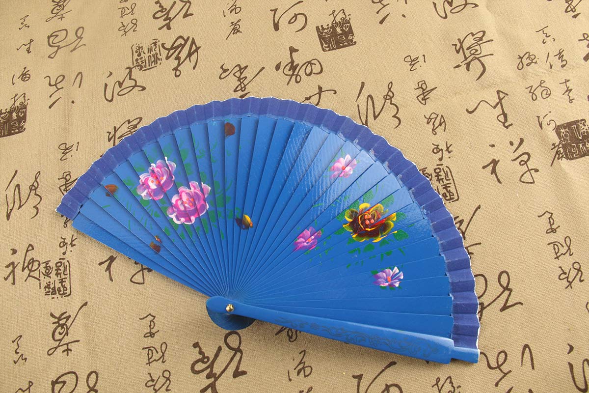 Spanish Double Sided Chinese Flowering Crabapple Navy Blue Hand Painted Fan (2)
