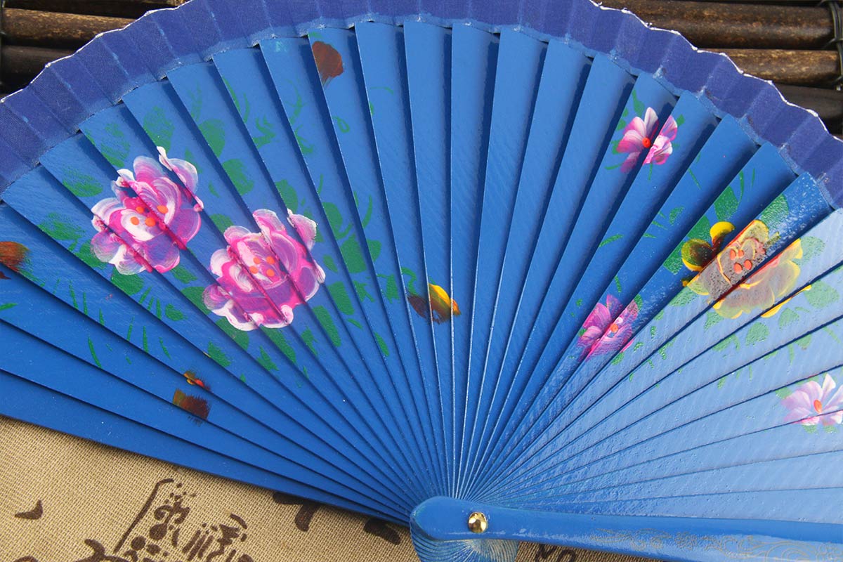 Spanish Double Sided Chinese Flowering Crabapple Navy Blue Hand Painted Fan (3)