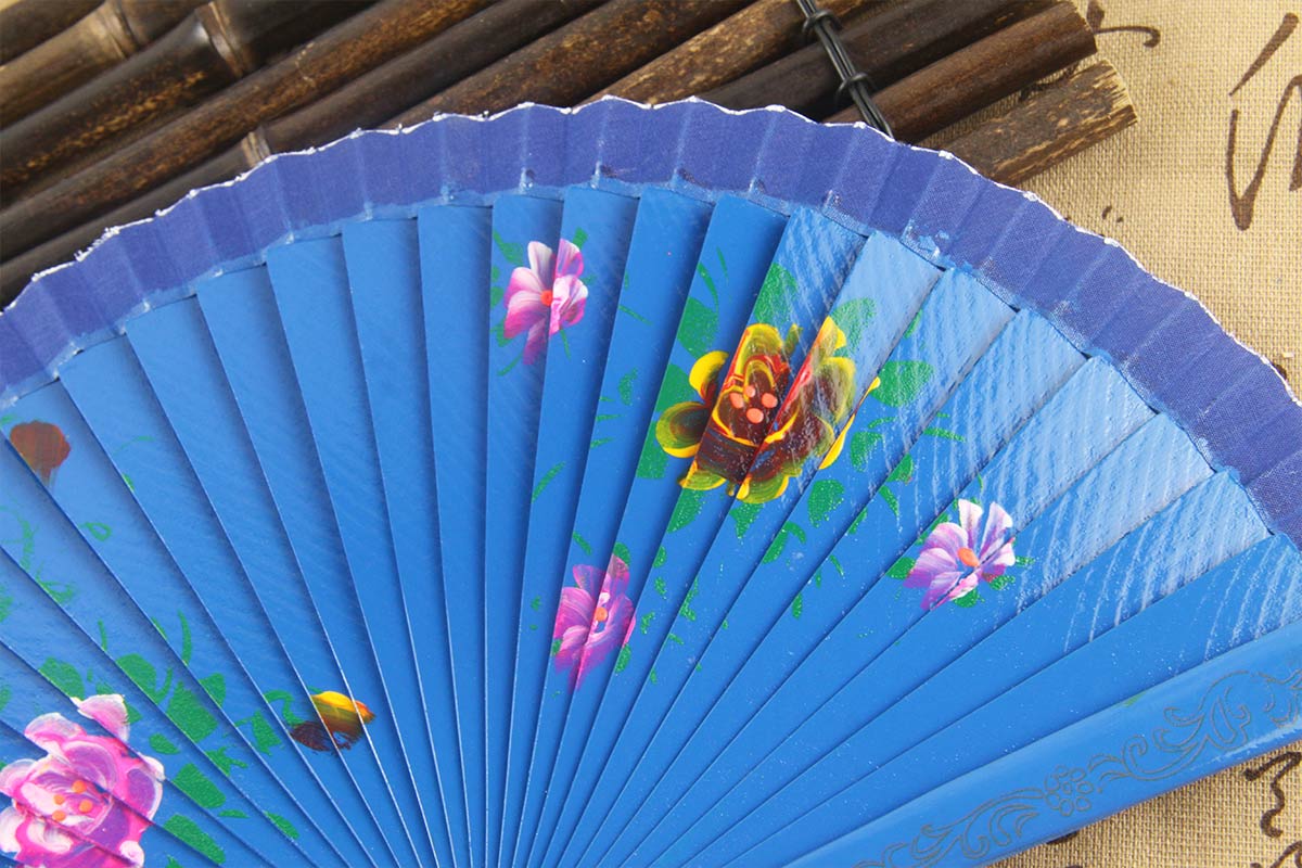 How Can Hand Fan Wall Decor Elevate Home Design? 2 Spanish Double Sided Chinese Flowering Crabapple Navy Blue Hand Painted Fan (4)