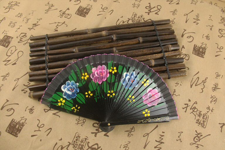 Black Hand Painted Chinese Multicolor Rosa Multiflora Spanish Wood Fan (5)