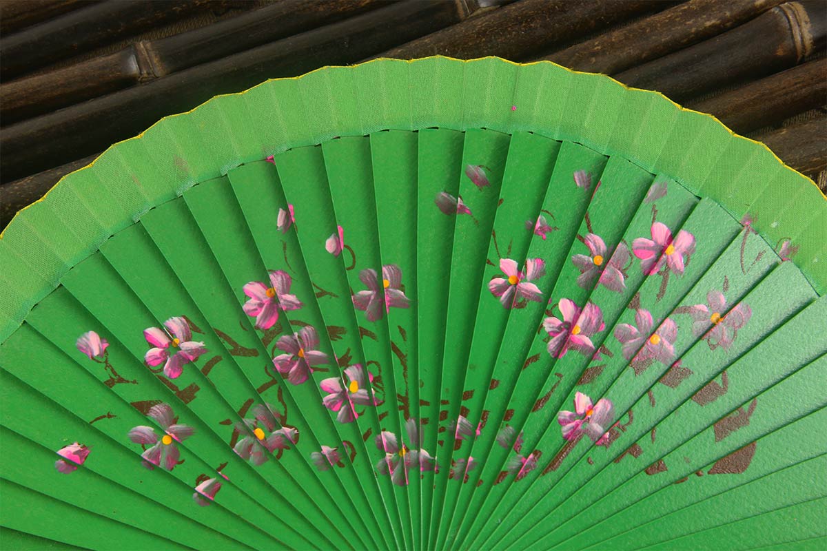 Green Lacquered Hand Painted Wooden Fan With Plum Blossoms (2)
