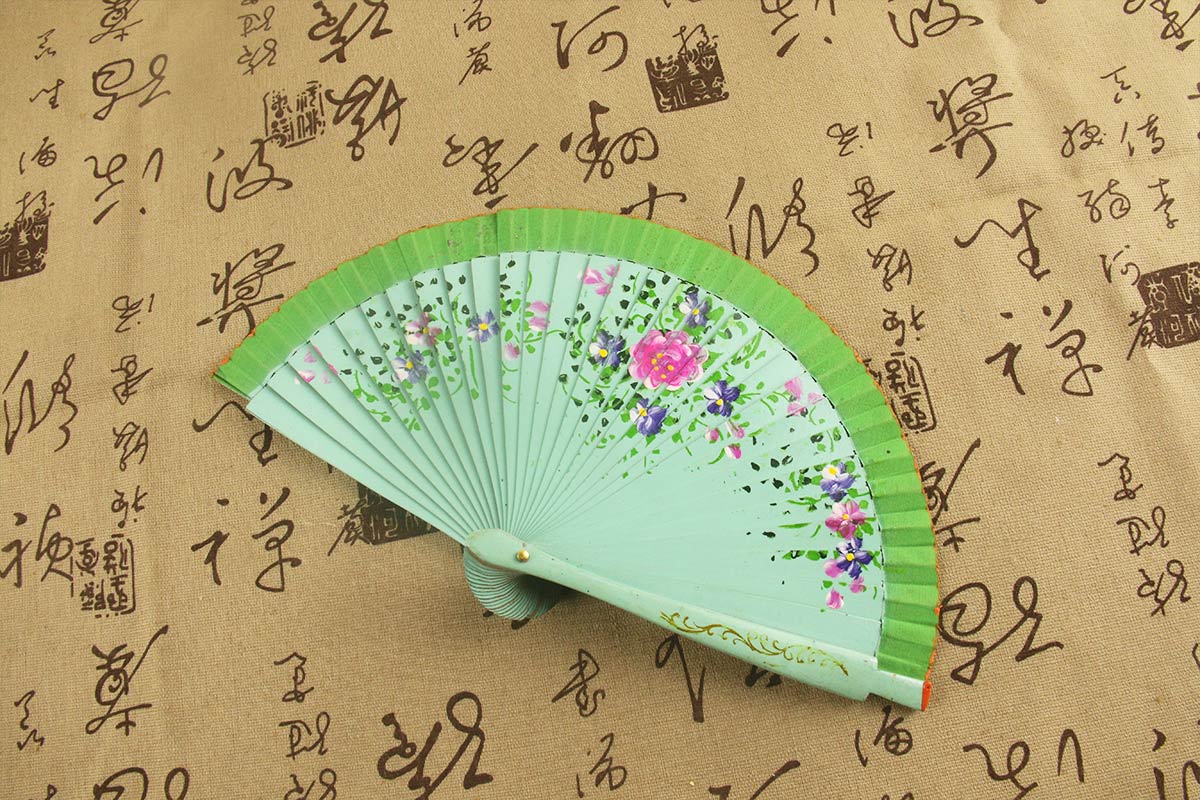 Light Green Double Sided Hand Painted Printed Wooden Fan (1)