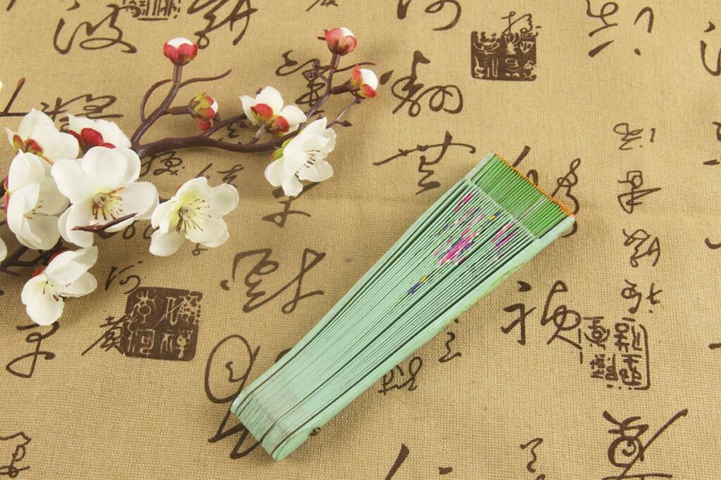 Light Green Double Sided Hand Painted Printed Wooden Fan (2)