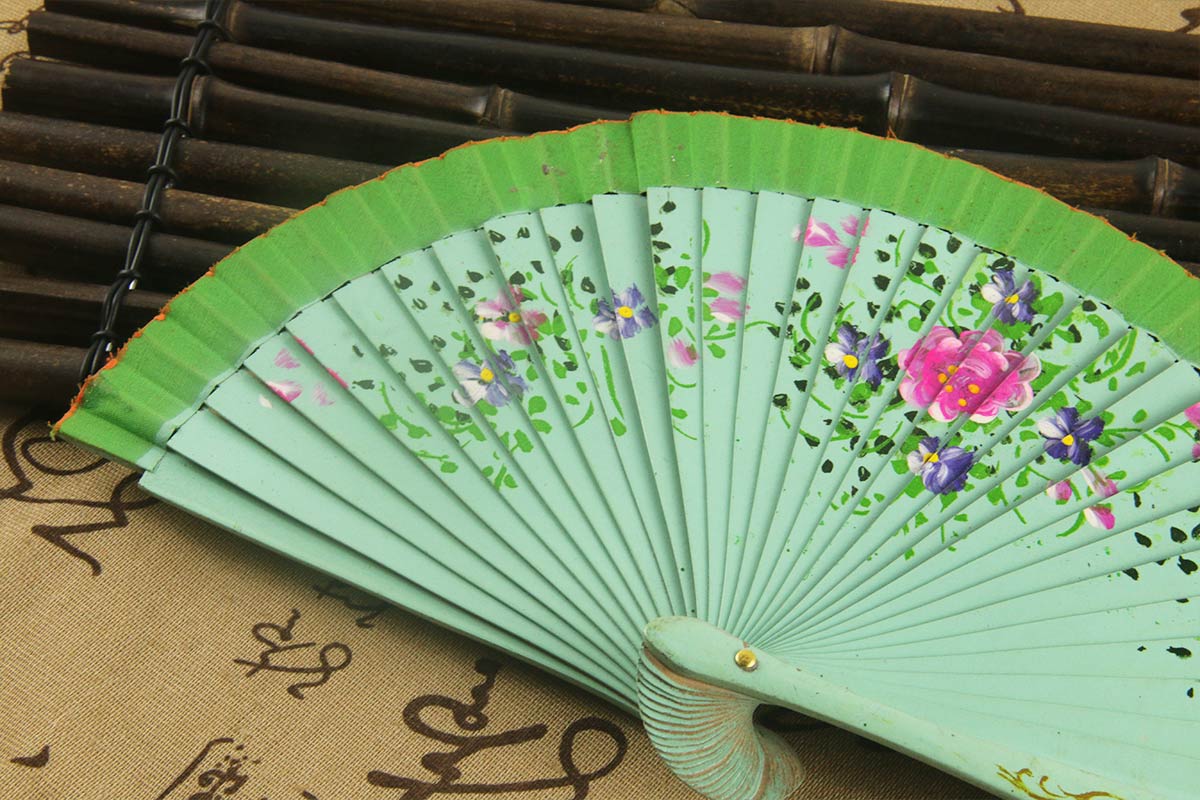 Light Green Double Sided Hand Painted Printed Wooden Fan (3)