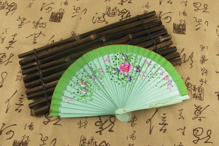 Light Green Double Sided Hand Painted Printed Wooden Fan (5)