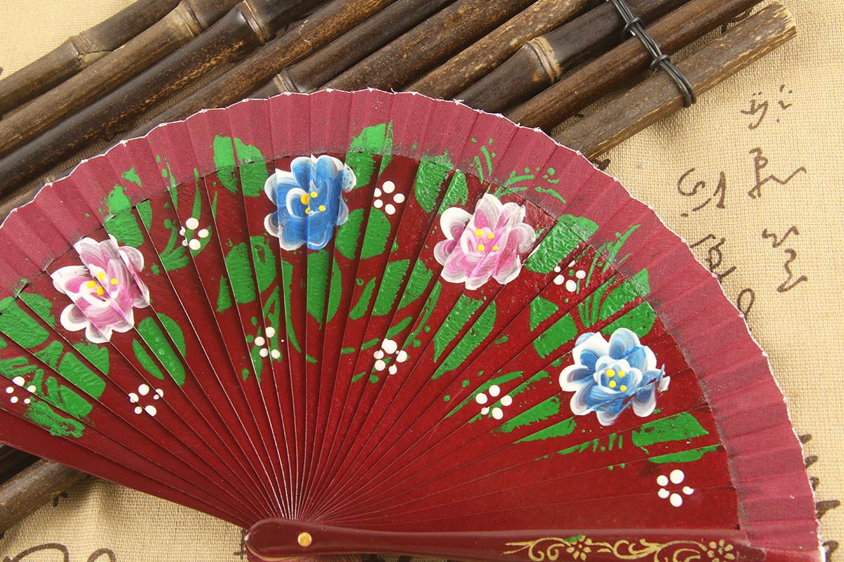 Red Brown Chinese Hand Painted Multicolor Rosa Multiflora Fan (2)