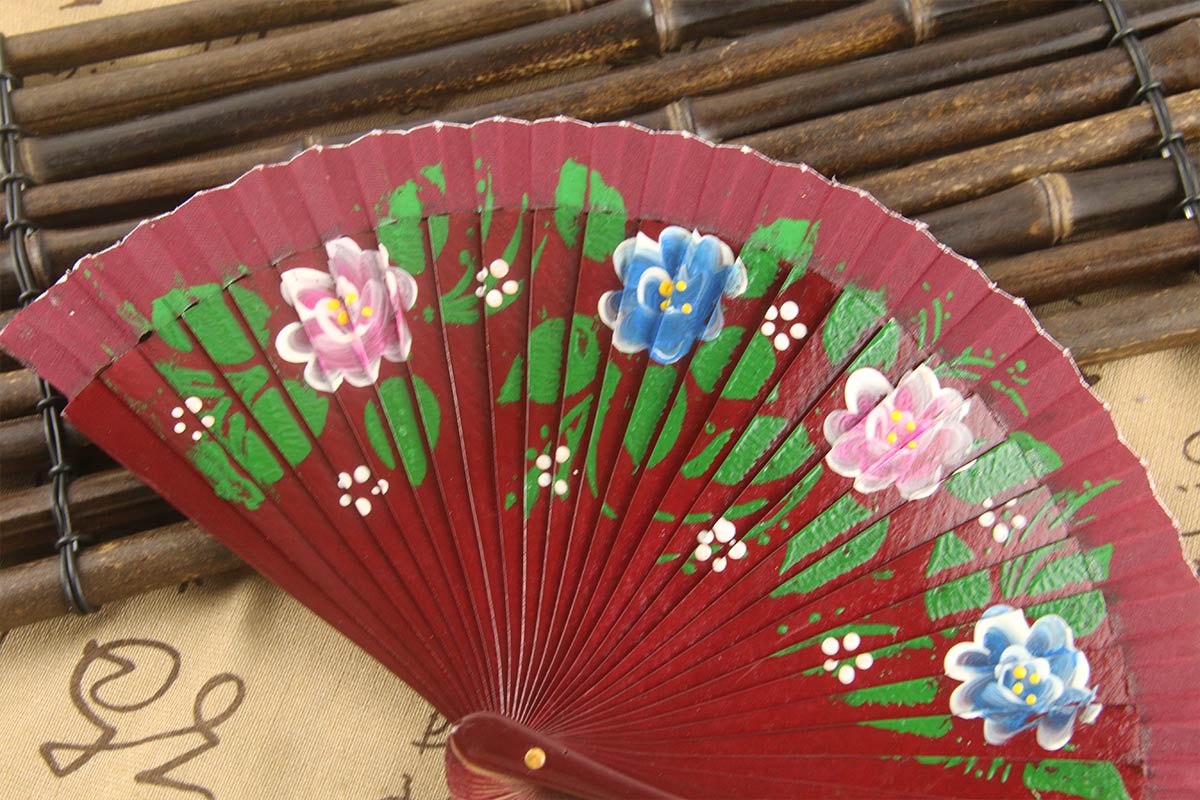 Red Brown Chinese Hand Painted Multicolor Rosa Multiflora Fan (3)