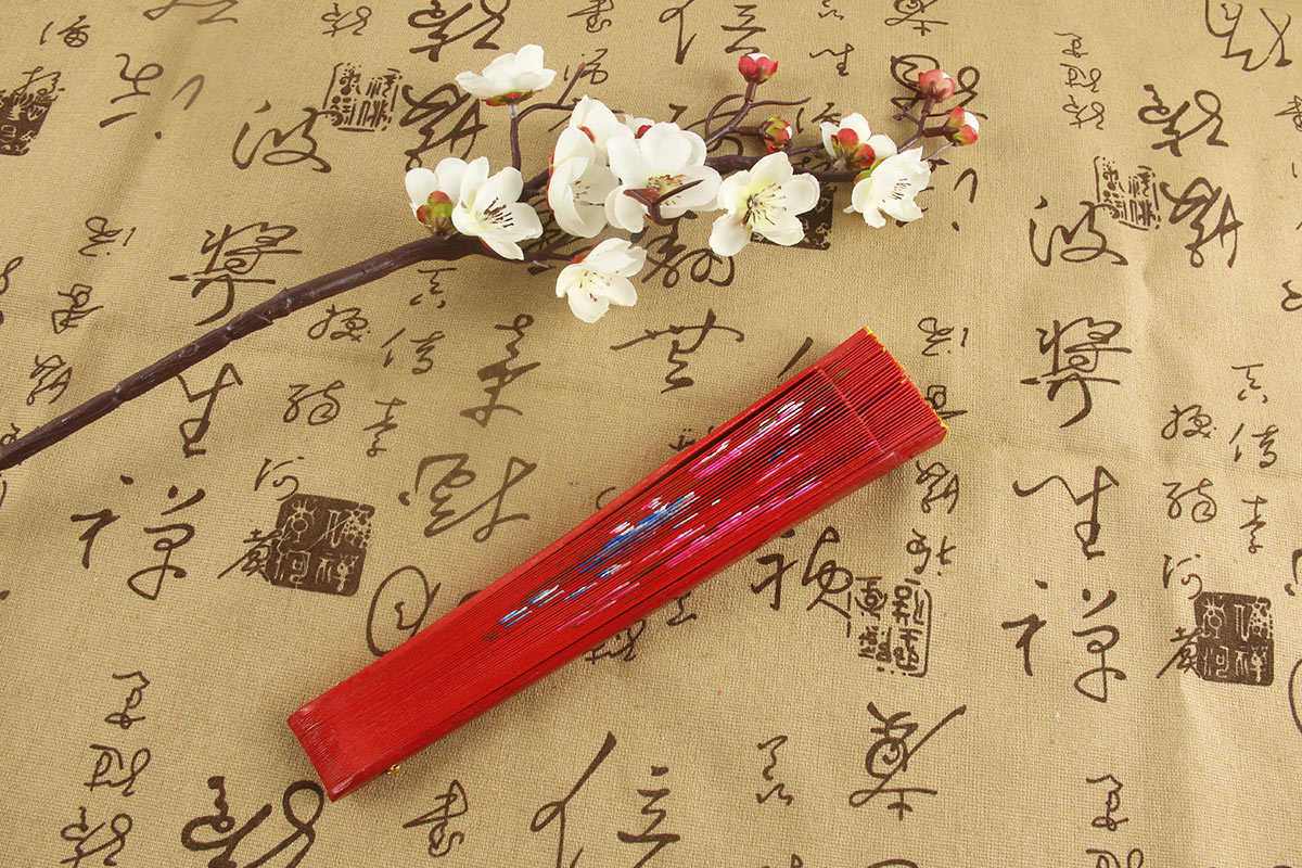 Rose Red Hand Painted Wooden Fan With Chinese Flowering Crabapple Pattern (1)