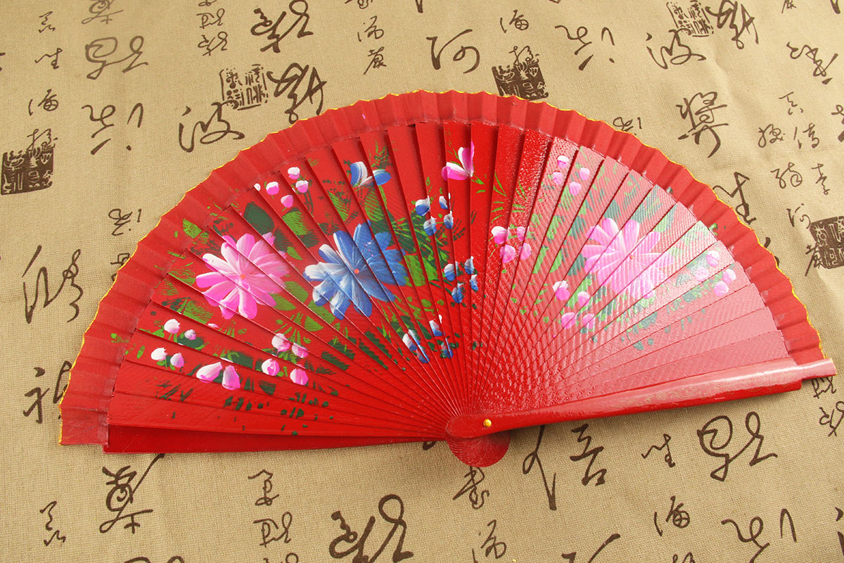 Rose Red Hand Painted Wooden Fan With Chinese Flowering Crabapple Pattern (3)