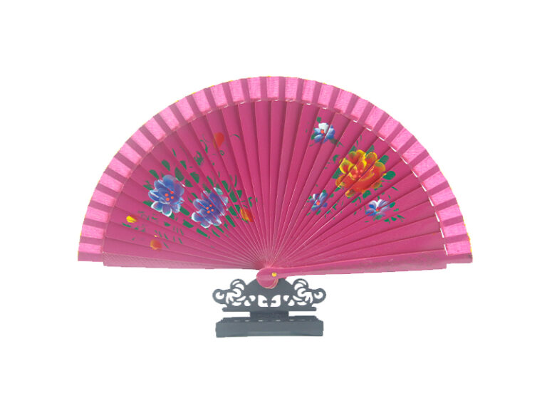西班牙双面玫红色三朵印花手扇1